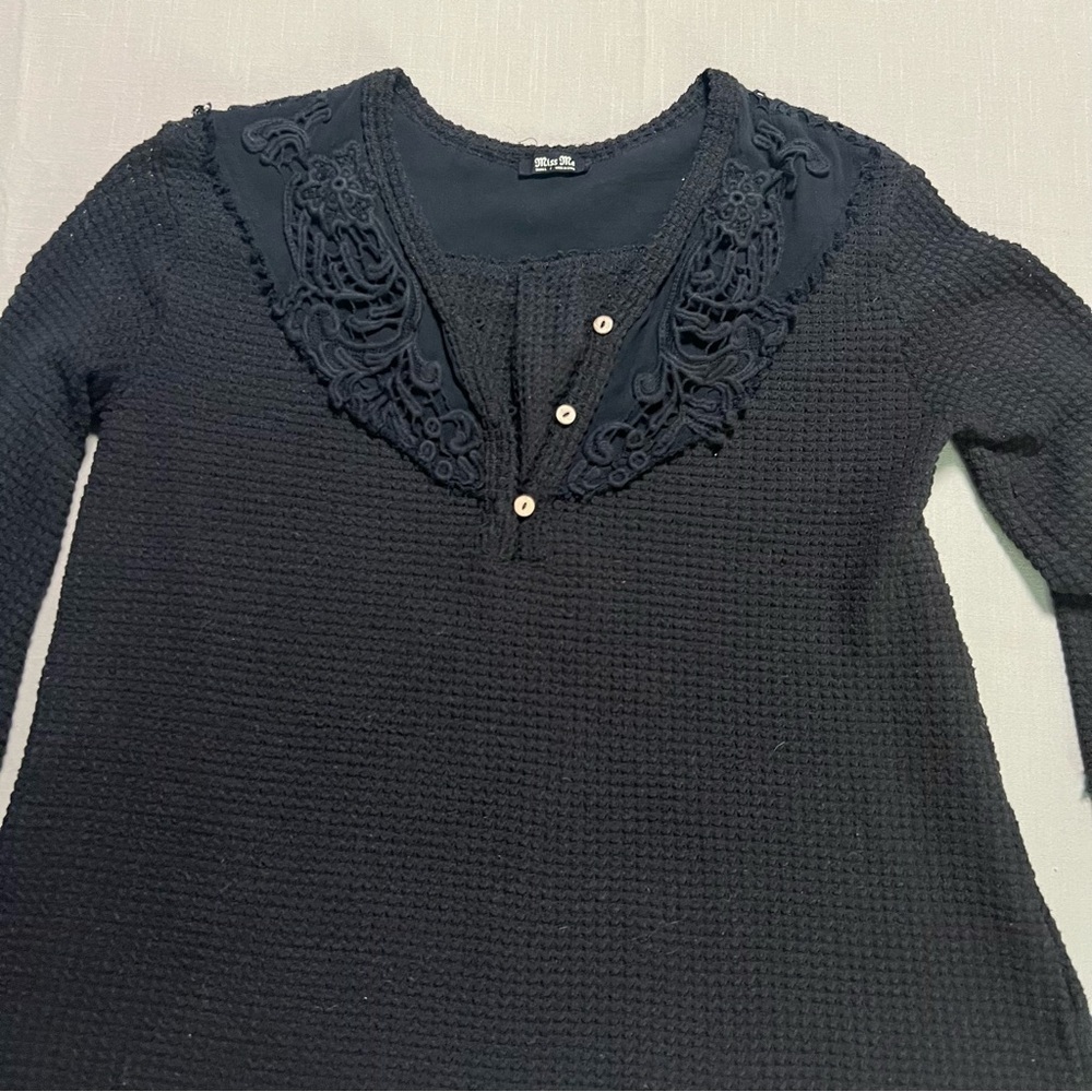 Miss Me Open Weave Waffle Knit Henley Top Crochet Details Summer Sweater Layer - Picture 6 of 12